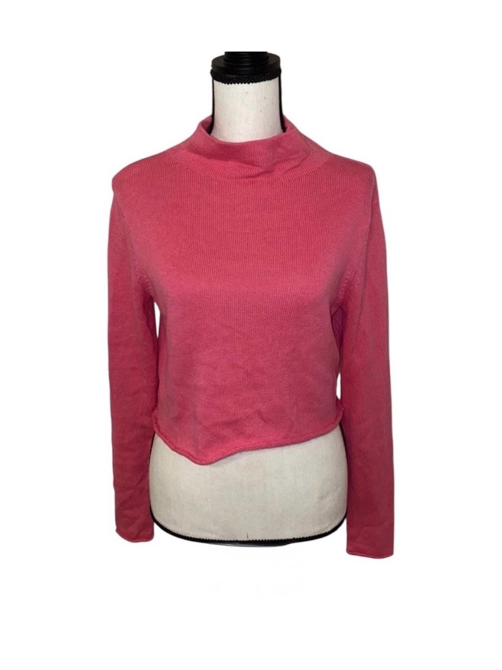 Y2K Old Navy Neon Pink Ribbed Cropped Mock Neck Sweater Women’s Size Medium - Picture 2 of 4